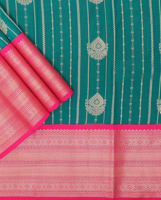 Dark Green striped floral design art silk pavadai material with contrast traditional zari design border & zari design blouse