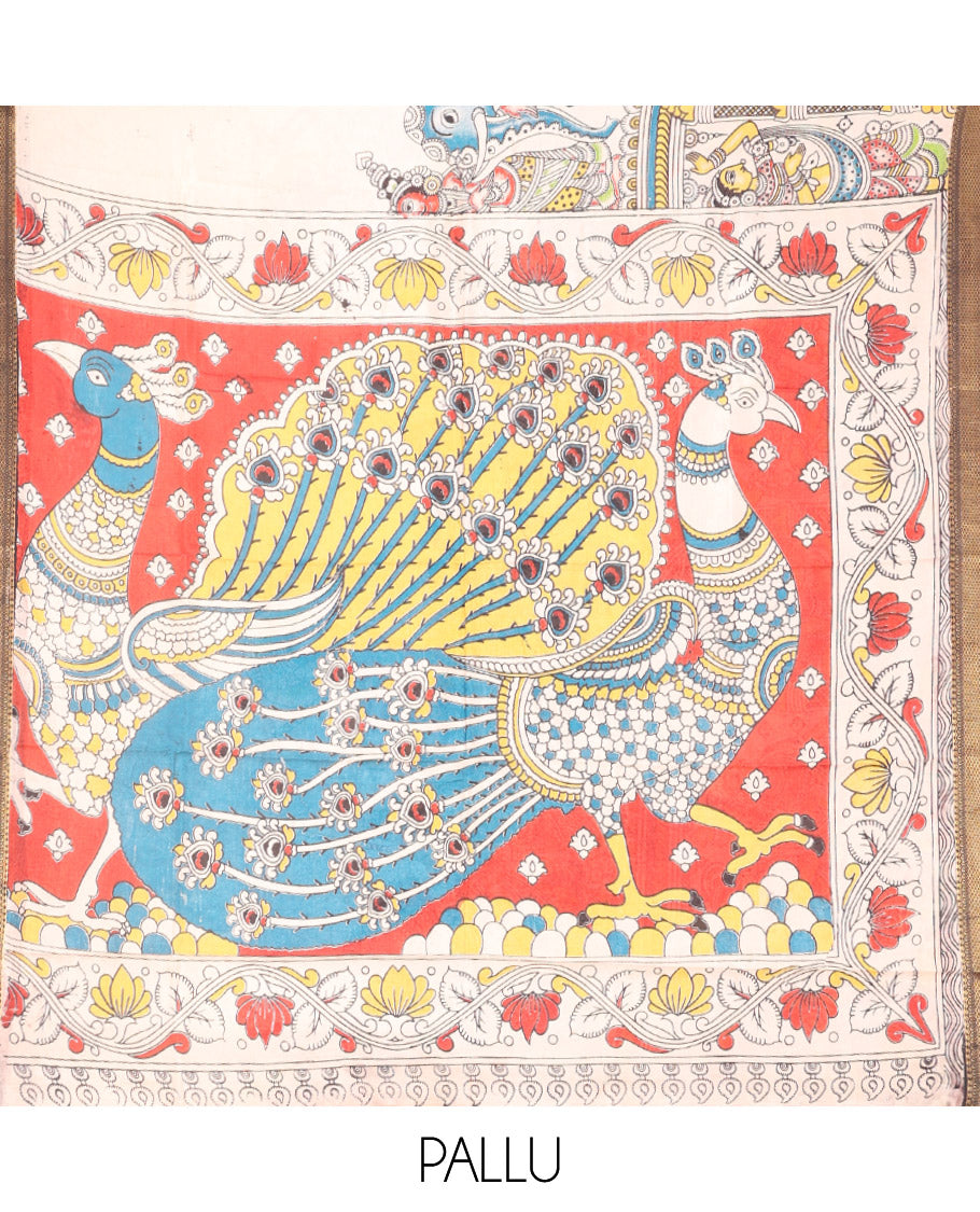 Light Sandal Kalamkari Cotton Saree, Graced with Human Figurine Print, Contrast Traditional Zari Border, Peacock Pallu, and a Contrast Blouse