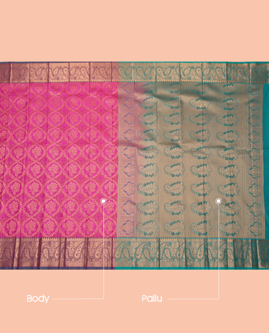Pink Budget Silk Saree, Decorated with a Jacquard Design, Complemented by a Contrast Paisley Zari Border, Paisley Pallu, and Contrast Blouse