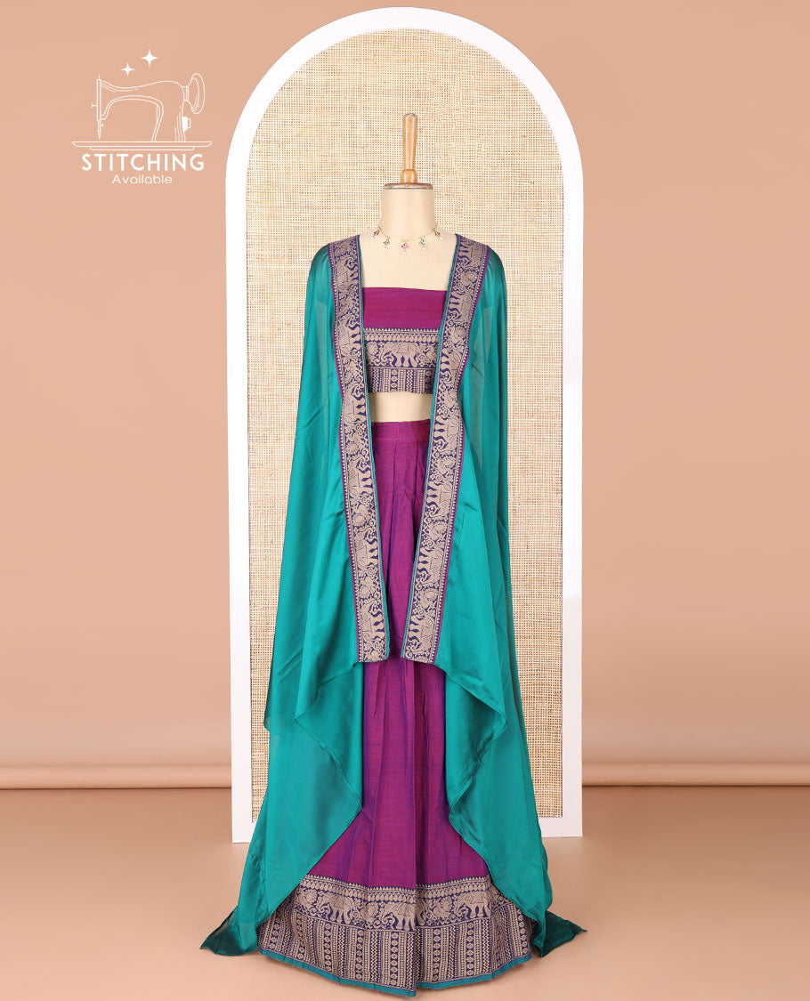 Dark purple mercerised cotton daman resham border half saree with cotton blouse & skya georgette one side resam border work