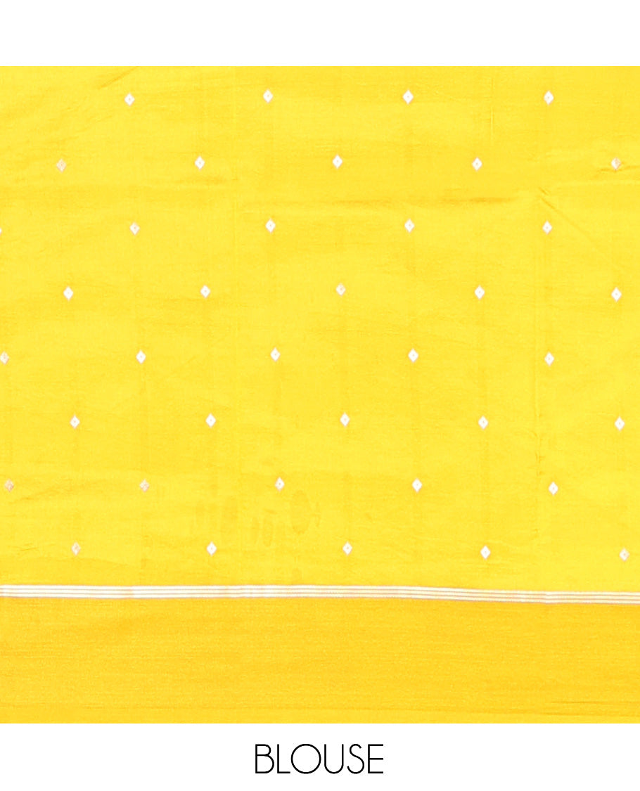 Yellow Satin Silk Saree, Gleamed Up with Buttas and Stripes, Highlighted by Elephant Motif Border,  Grand Jaal Pallu, and a Matching Blouse