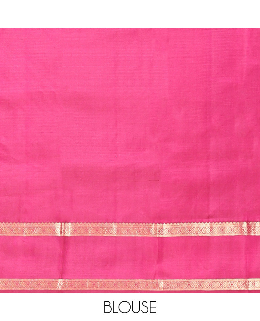 Orange Vasundhara Silk Saree, Woven with Buttas, Contrast Rettai Pettu Border of Thilakam Mokku, and Laddu Kamalam Designs, Rich Pallu, and Contrast Blouse