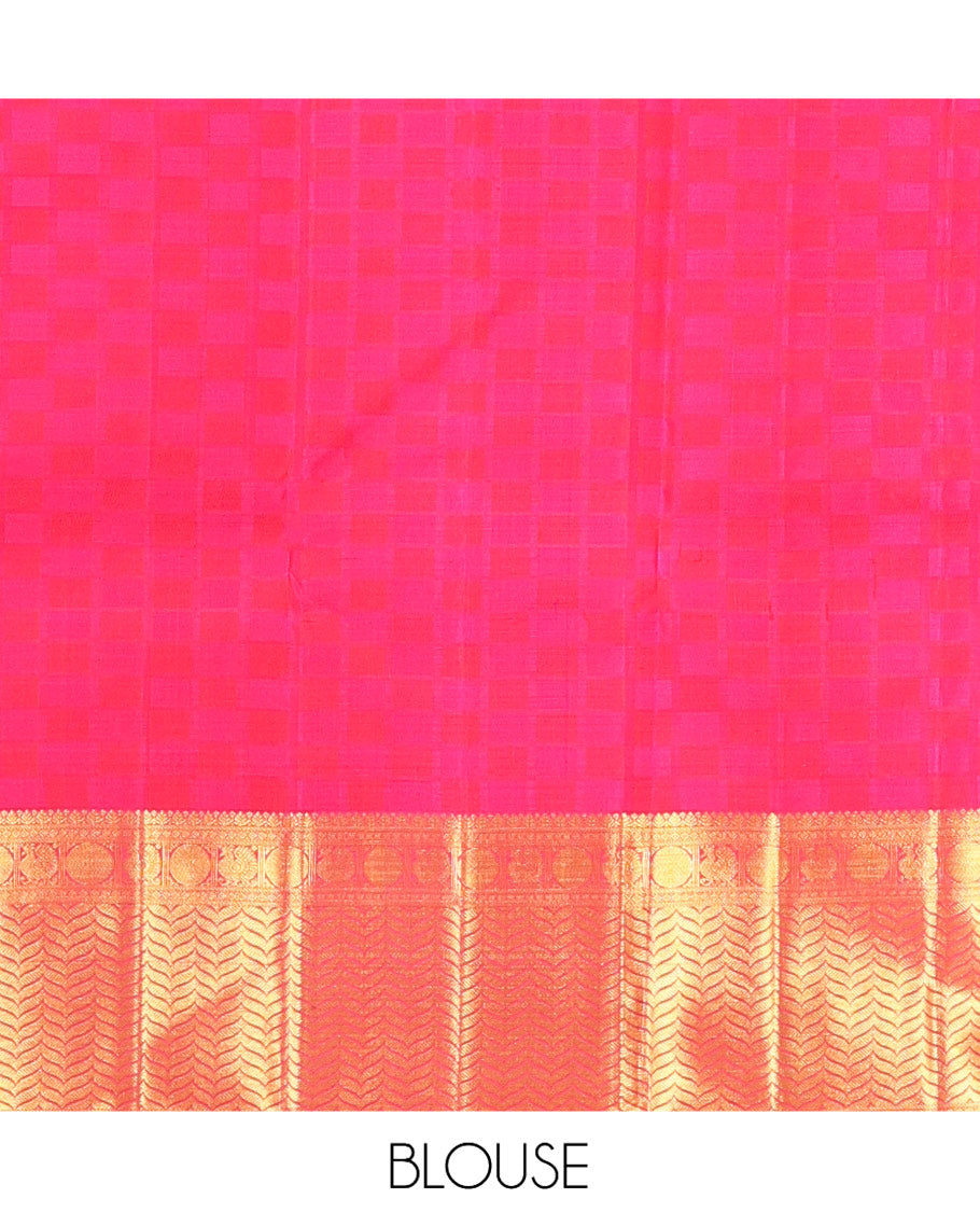 Pink Embossed Parampara Silk Saree, a Zari Border of Mayil, Mayil, and Vanki Designs, Vanki Pallu, and a Matching Blouse