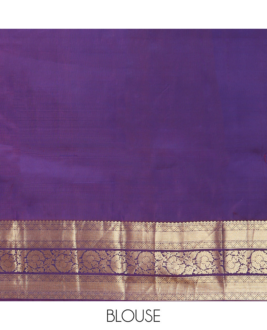 Blue Vasundhara Silk Saree, Adorned with Zari Buttas All Over Its Body, Complemented by Contrast Border of Mayil Kann And Kodi Visiry Designs, Grand Pallu and Paired with a Contrast Blouse
