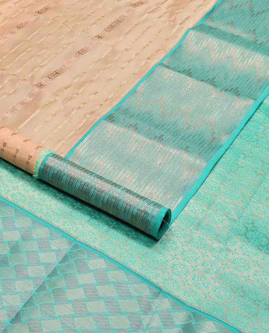 Peach floral striped design vasundhara silk mix saree with contrast zari design border & floral jaal design pallu