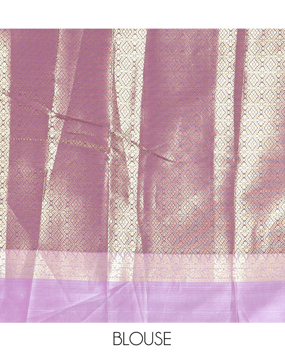 Violet Semi-Kanchi Silk Saree Features Zari Checks and Buttas, a Contrast Traditional Border, Jaal Pallu, Matching Blouse