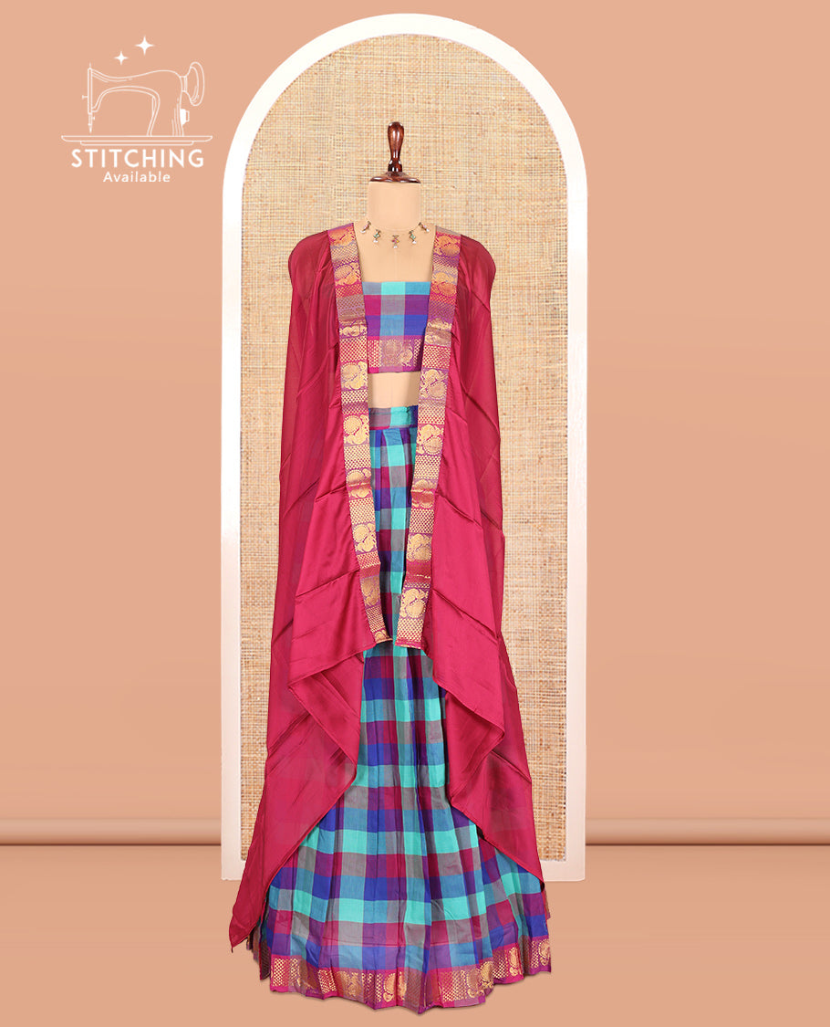Multi-Color Checked Chettinad Cotton Half-Saree Features a Peacock Border, Matching Blouse, Contrast Dhavani