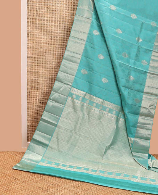 Sea blue leaf design kancheepuram silk saree with self floral design border & geometric design pallu