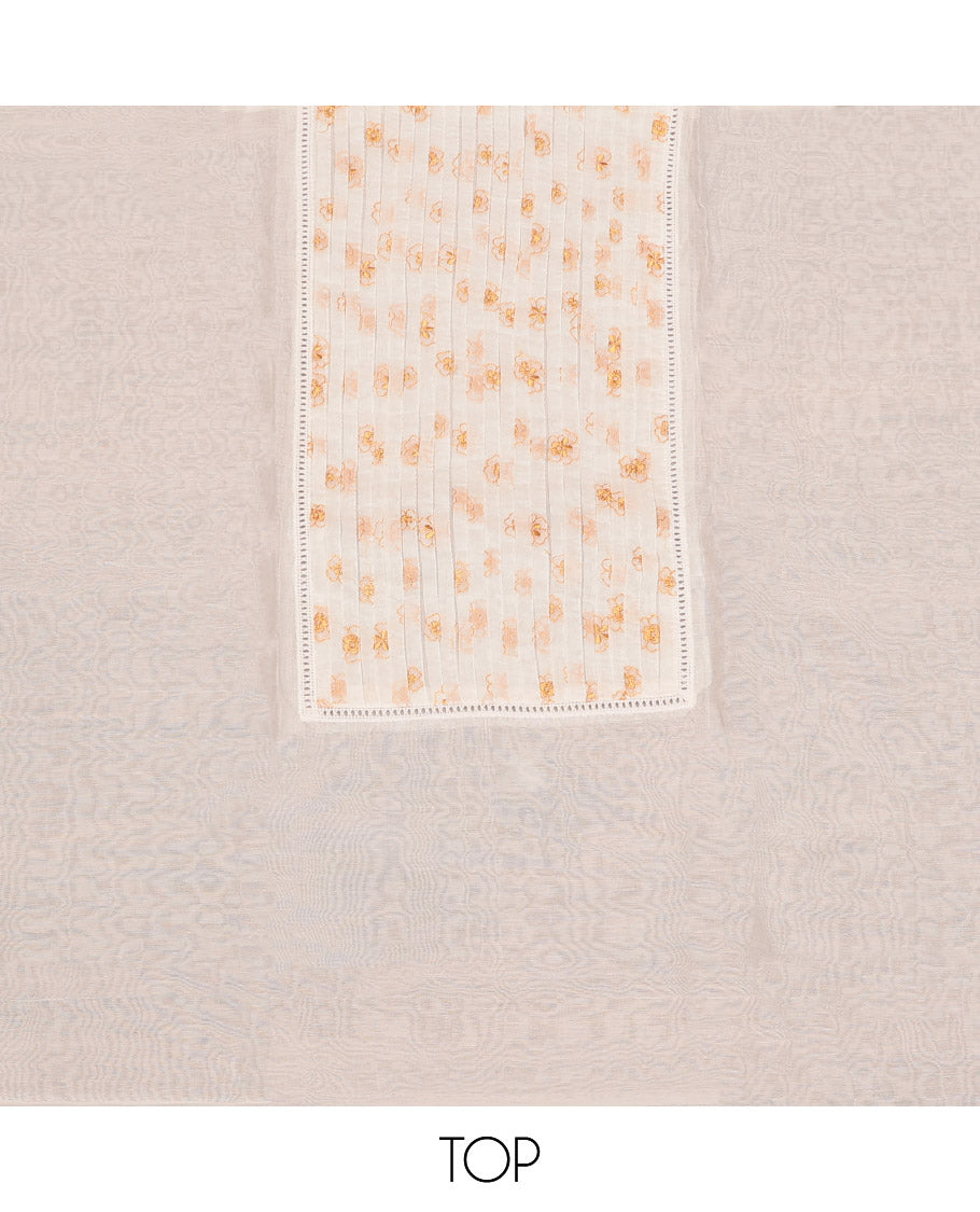 Cream Cotton Material Churidar Set Featuring Floral Embroidery Top, Matching Bottom, and Floral Embroidery Dupatta