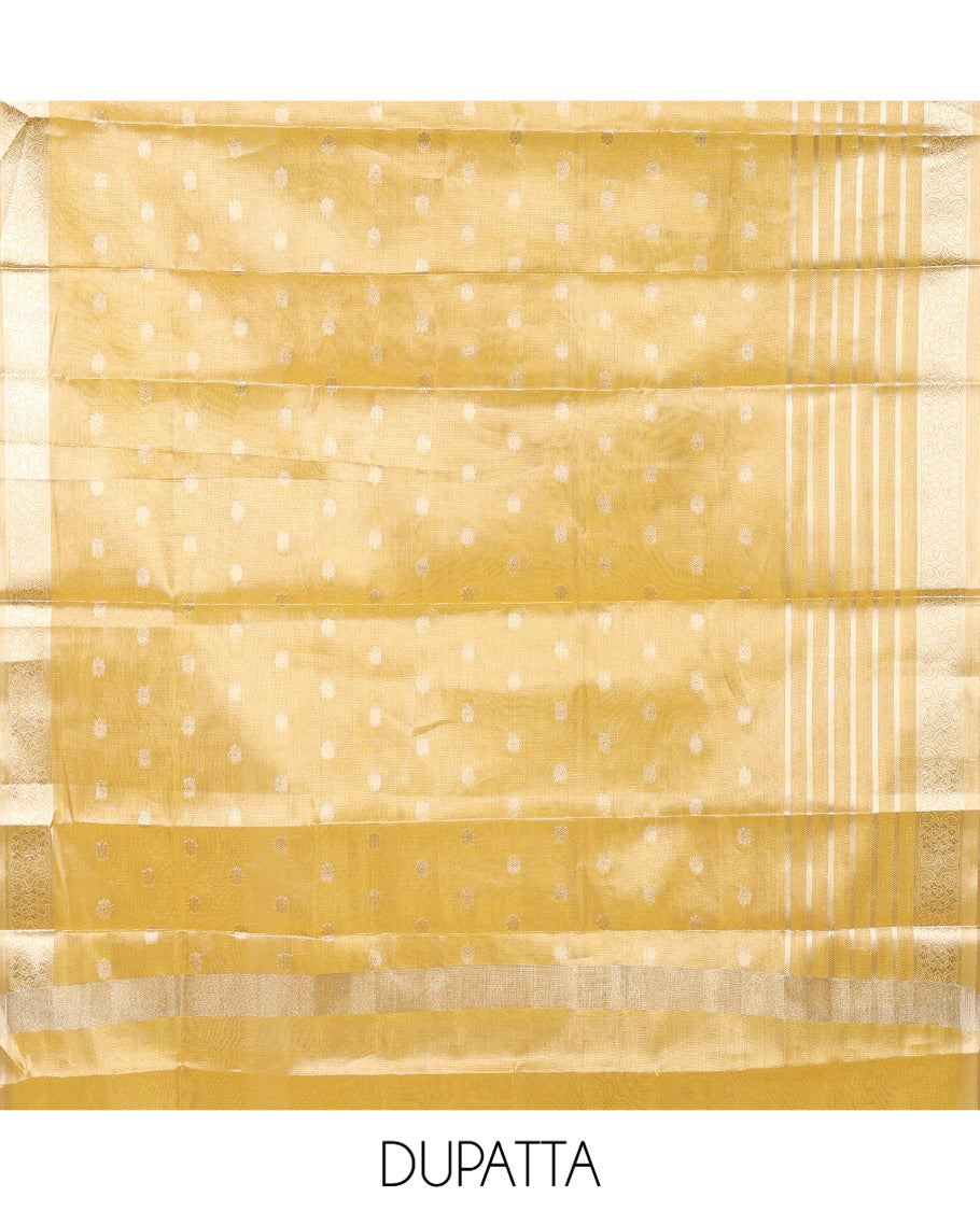 Chikku-Yellow Shimmer Tissue Material Churidar, Elevated with Bead Neck Embroidered Top, a Contrast Bottom, and a Sparsely Woven Dupatta