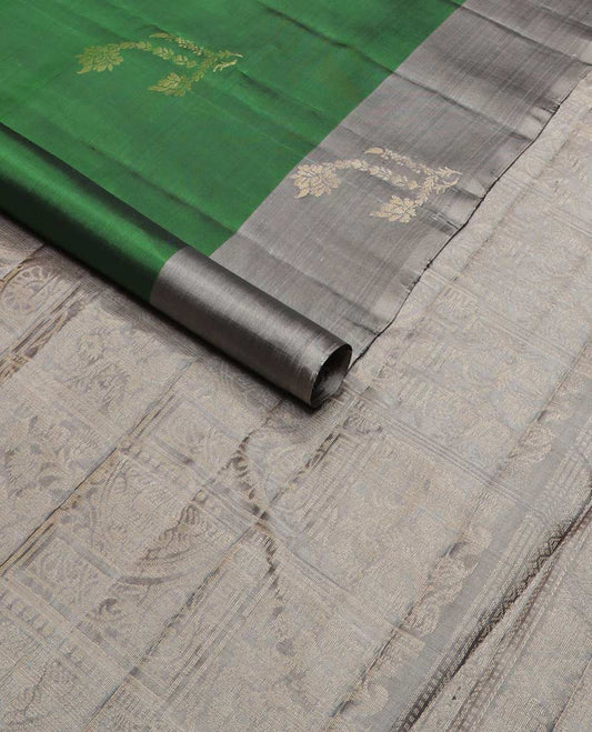 Green floral zari buttas silk mix saree, contrast floral zari design border & intricately designed pallu
