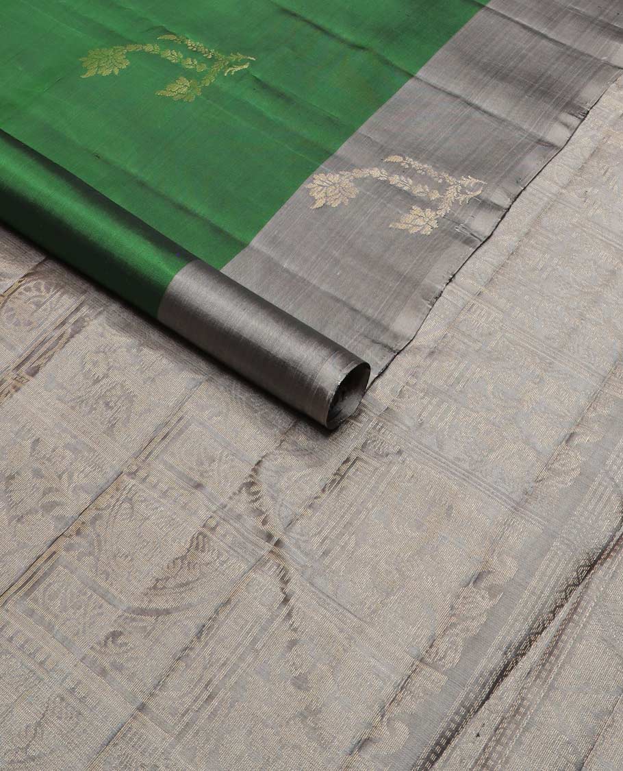Green floral zari buttas silk mix saree, contrast floral zari design border & intricately designed pallu