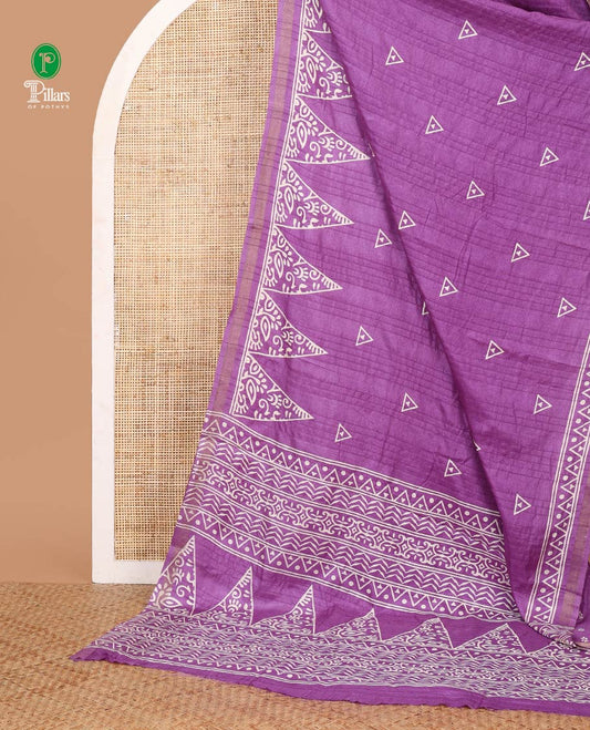 Violet batik-style triangle motifs printed dola silk saree, batik temple motif printed piping zari border & batik geometric printed pallu