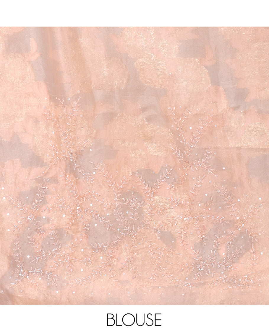 Peach Turkey Organza Saree, Floral Glitterwork, Scallop Border, Embroidered Blouse