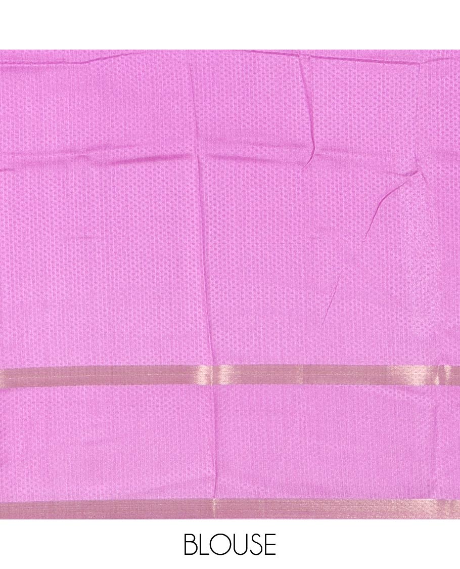 Violet embossed moss chiffon saree, contrast traditional rettai pettu border, embossed pallu, and a contrast embossed blouse