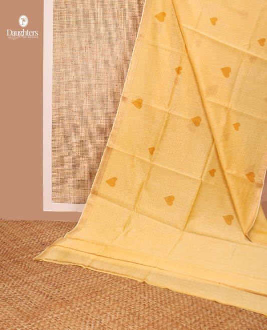 Yellow heart motifs chanderi cotton saree with self zari border & striped zari pallu