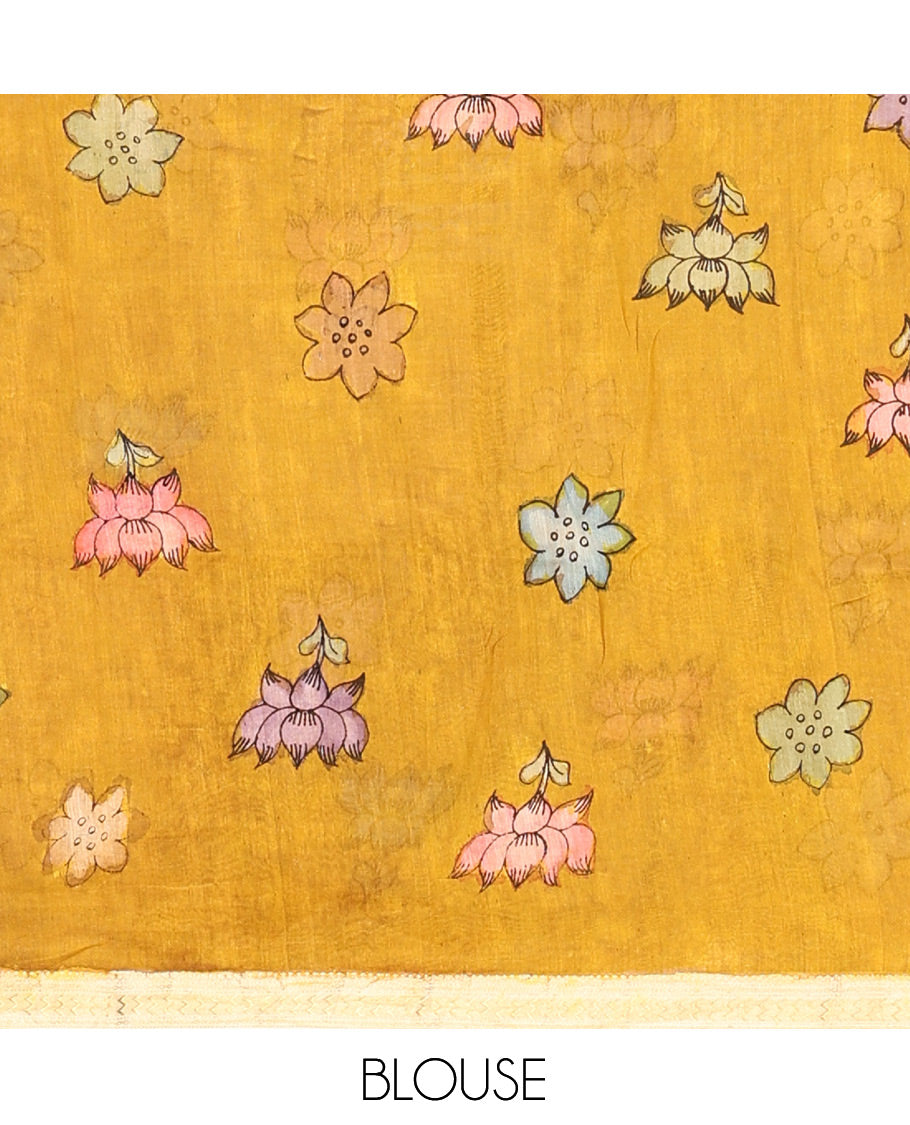 Blue Floral-Bird Pen Kalamkari Silk Saree, a Contrast Border, Lord Krishna-Disciple Pallu, Contrast Blouse