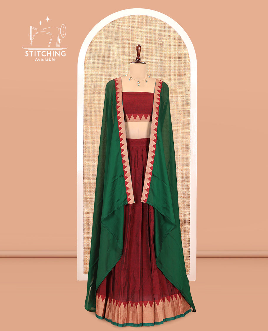 Maroon Mercerised Cotton Half-Saree, Plain Skirt, a Temple Border, a Matching Blouse, Contrast  Dhavani