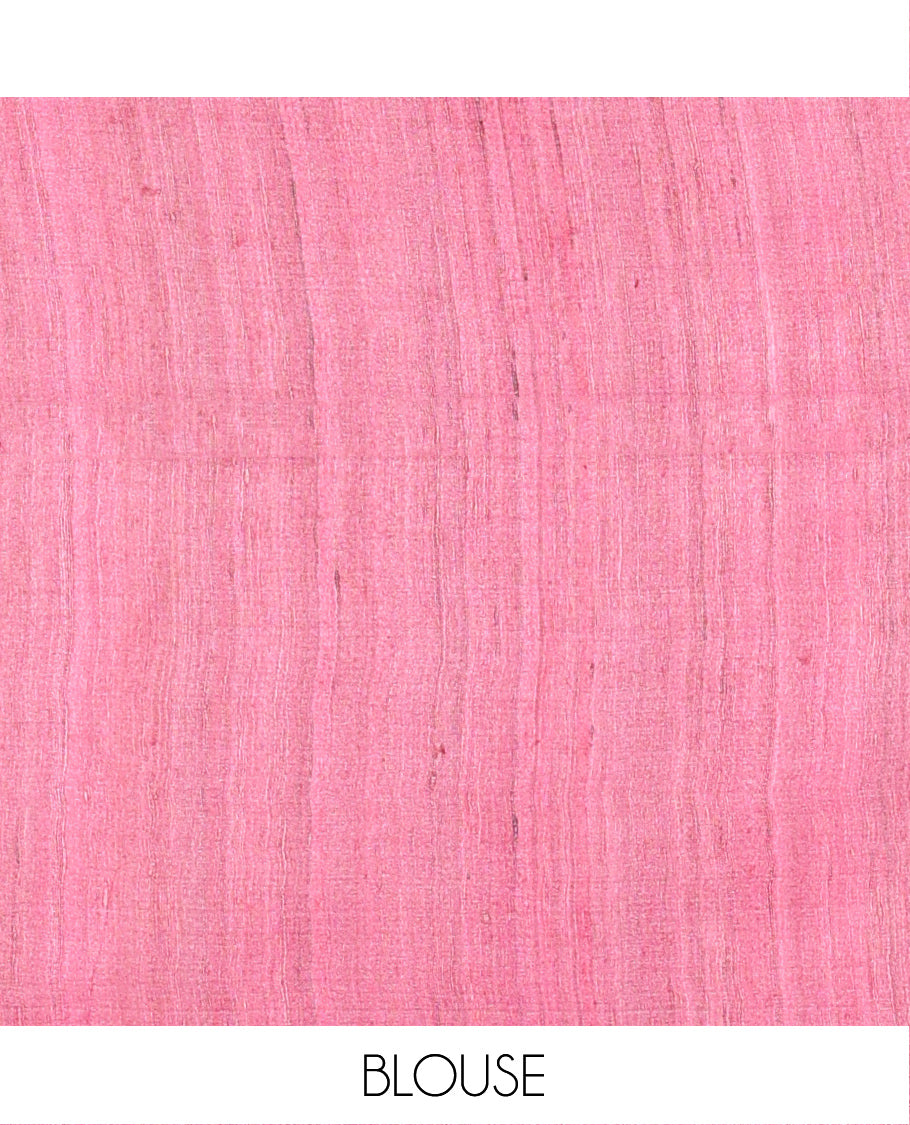 Pink Plain Tussar Saree, Impeccably Styled with Madhubani-Style Figurines Print, a Pallu Depicting Madhubani Print, and a Matching Blouse