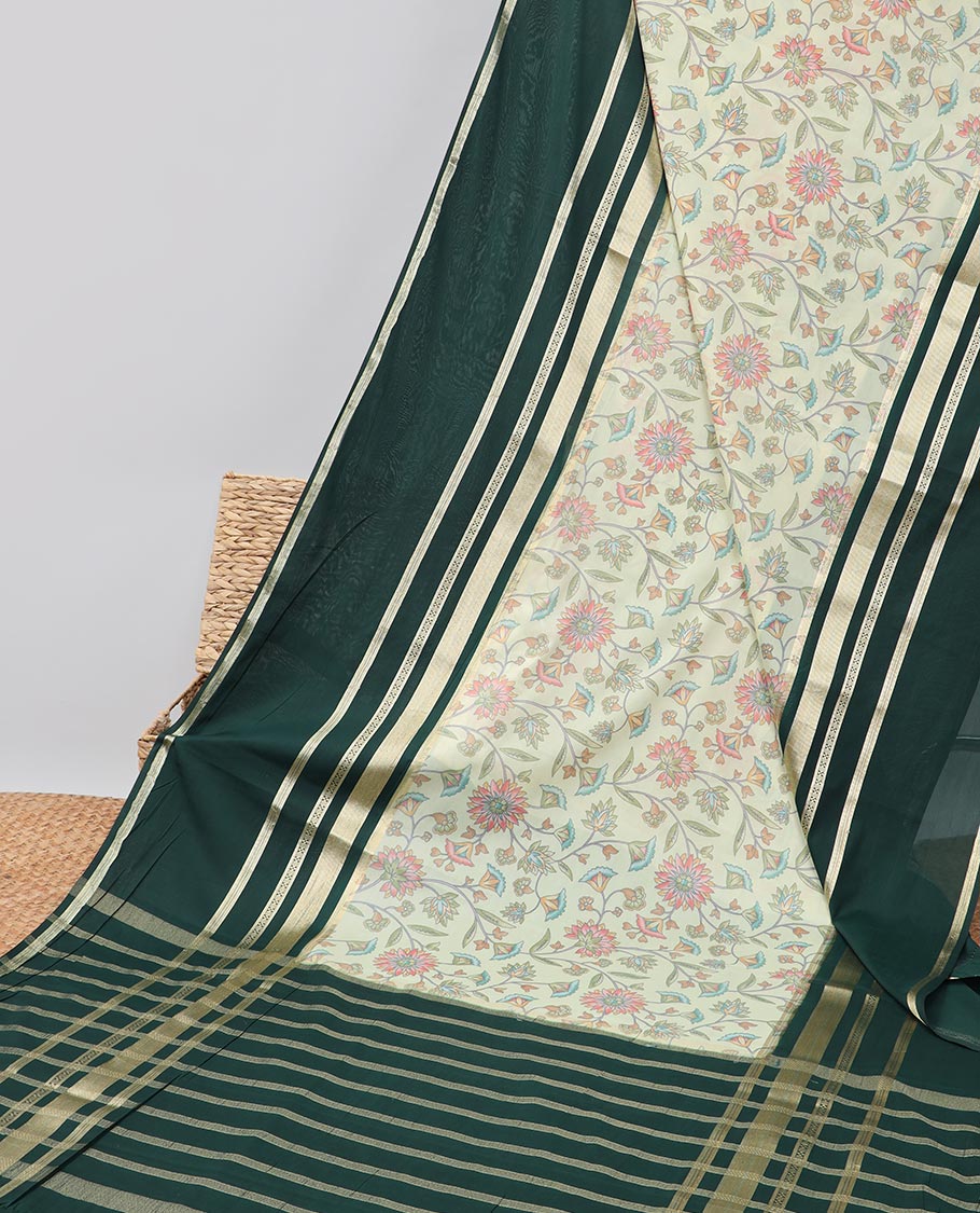 Green floral vine design mysore silk saree with contrast zari border & striped zari pallu