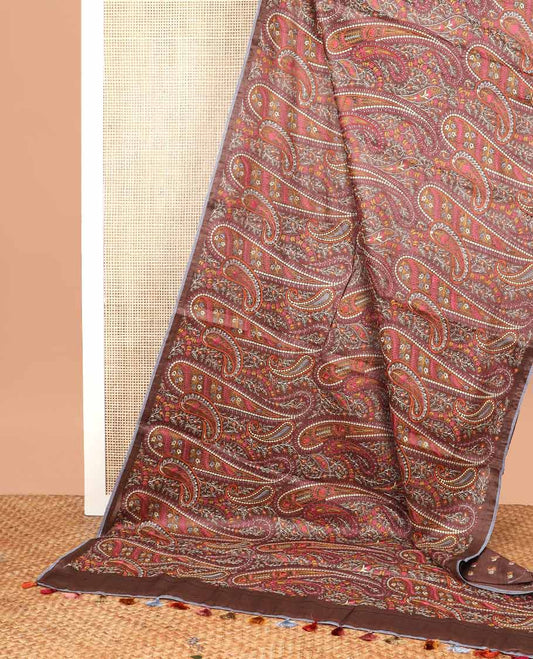 Brown paisley thread embroidery tussar silk saree with self plain border