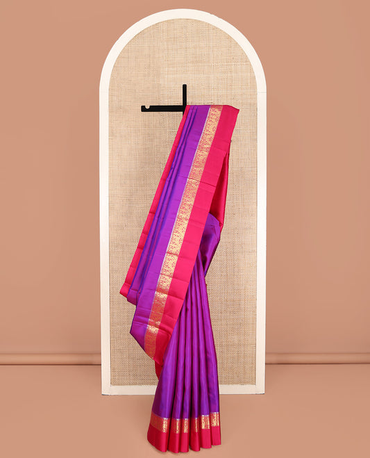 Purple Plain Kanchipuram Silk Saree, Complemented by a Contrast Border of Muthu, Mayil, and Vanki Designs, Sparsely Woven Jaal Pallu, and Paired with a Contrast Blouse