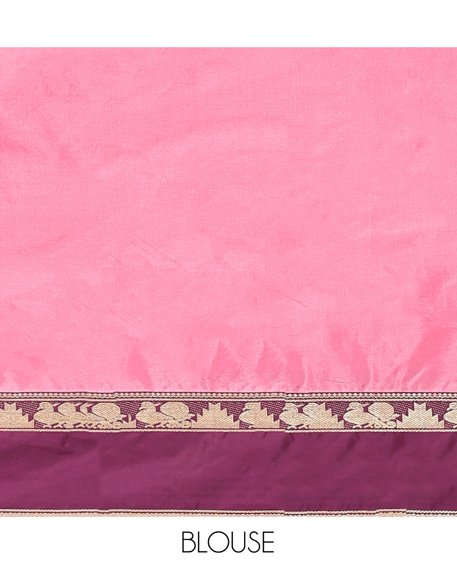 Pink Plain Arani Saree, a Contrast Rettai Pettu Traditional Border, Pallu of Zari Designs, and a Matching Blouse
