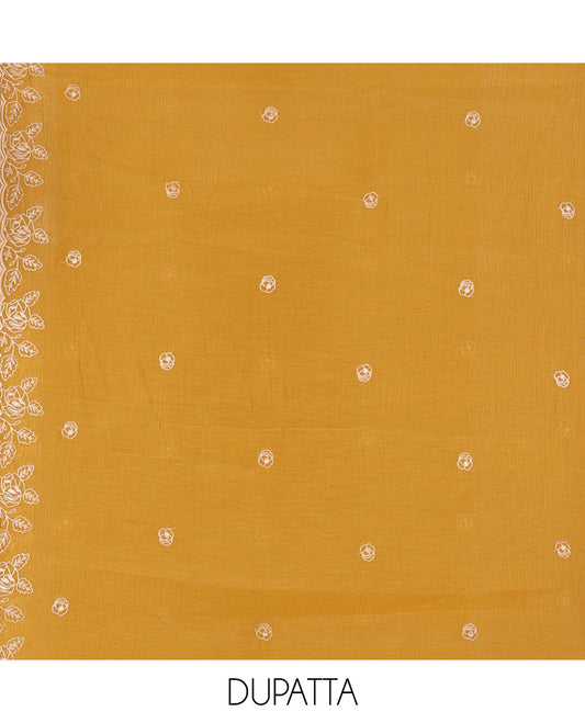 Mustard Mul Crush Chanderi Material Chudiddar, Floral Embroidered Top, Plain Bottom, Embroidered Dupatta