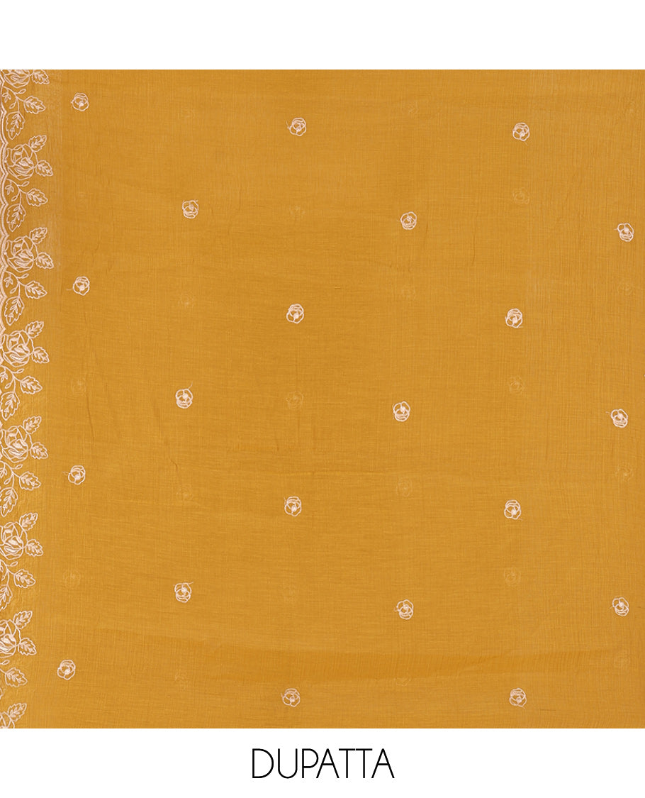 Mustard Mul Crush Chanderi Material Chudiddar, Floral Embroidered Top, Plain Bottom, Embroidered Dupatta