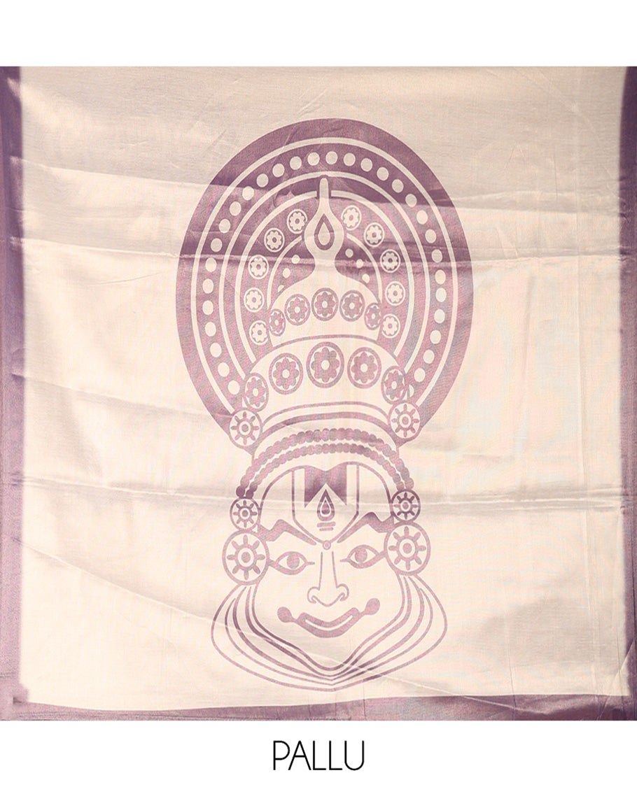Gold Tissue Saree, Features Kathakali Motifs Print, a Contrast Border and a Contrast Blouse