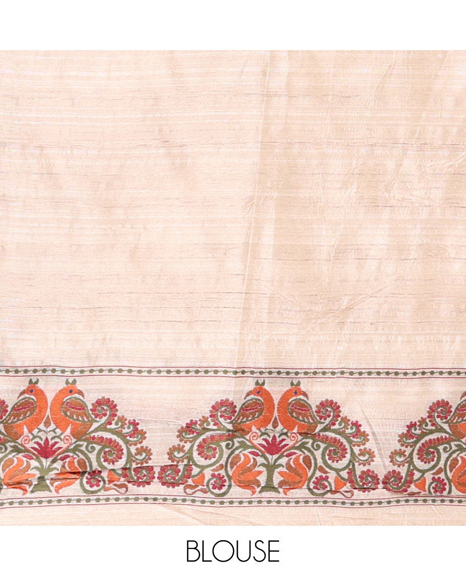 Cream lotus motifs thread woven jute cotton, scallop thread woven border, pallu of lotus, peacock and paisley designs along with a plain blouse