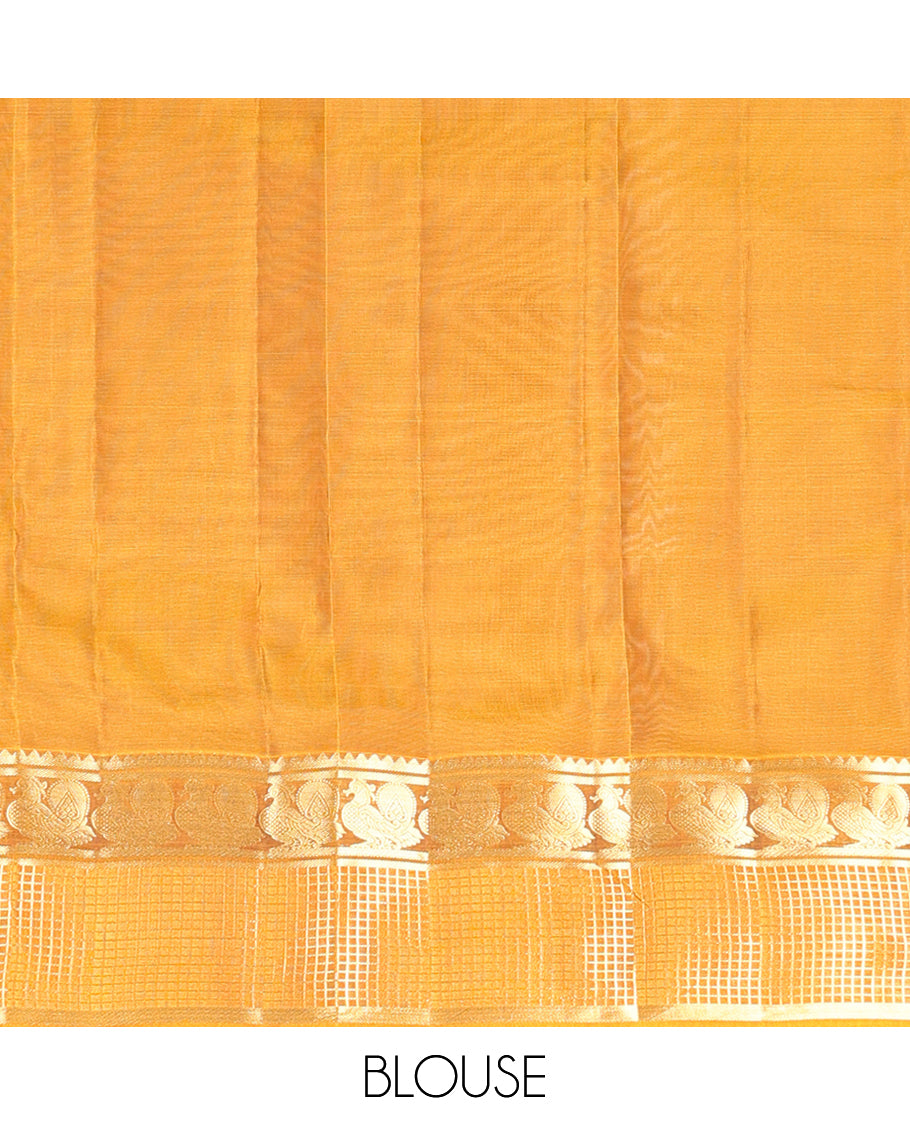 Red Plain Vasundhara Lite Silk Mix Saree, a Contrast Checked Zari Border of Rekku, and Mayil Designs, Grand Pallu, and a Contrast Blouse
