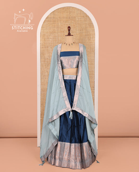Blue Semi-Banaras Half-Saree, Plain Contrast Intricate-Bordered Skirt, Matching Blouse, Contrast Dhavani