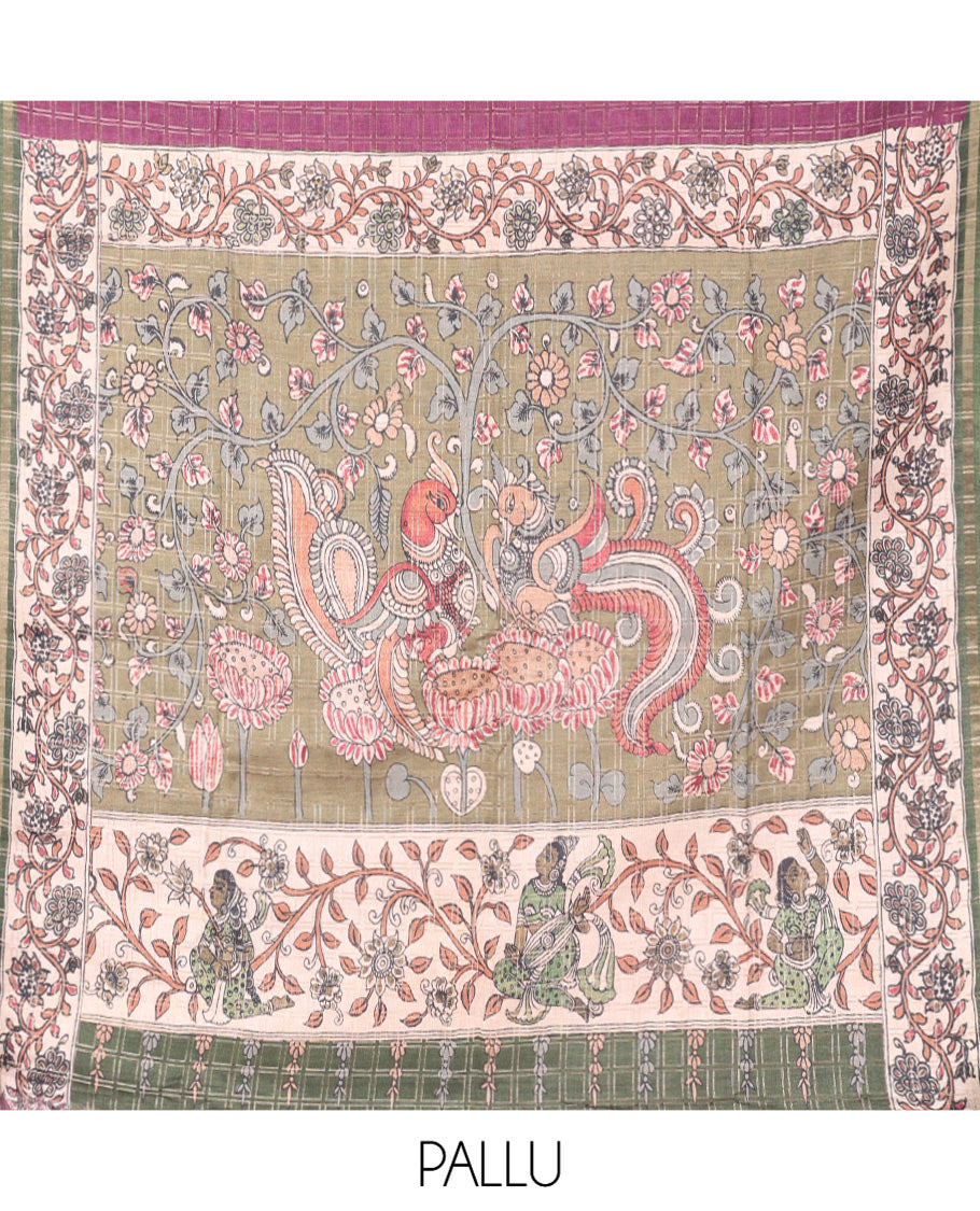 Wine Fancy Tussar Silk Saree, Adorned with Checked Design, Contrast Piping Zari Border, Pallu of Kalamkari Peacock Motifs, and Contrast Kalamkari Printed Blouse