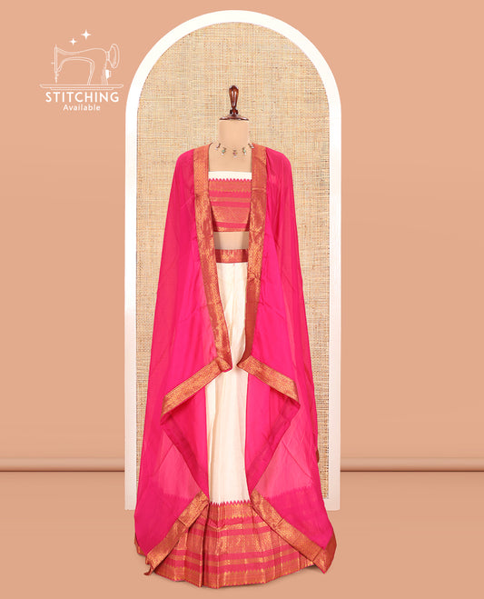Cream-Rani Pink Semi-Silk Half-Saree