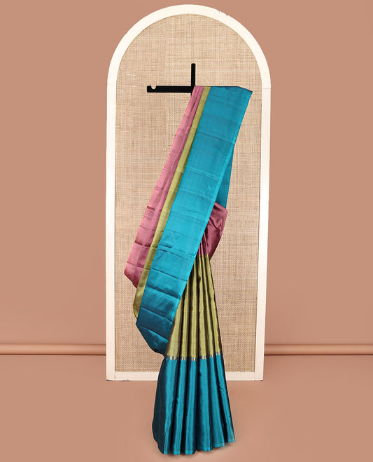 Borderless Multi-Colored Kanchipuram Silk Saree, Highlighted by Horizontal Stripes on Its Body, a Palin Pallu, and Paired with a Contrast Blouse