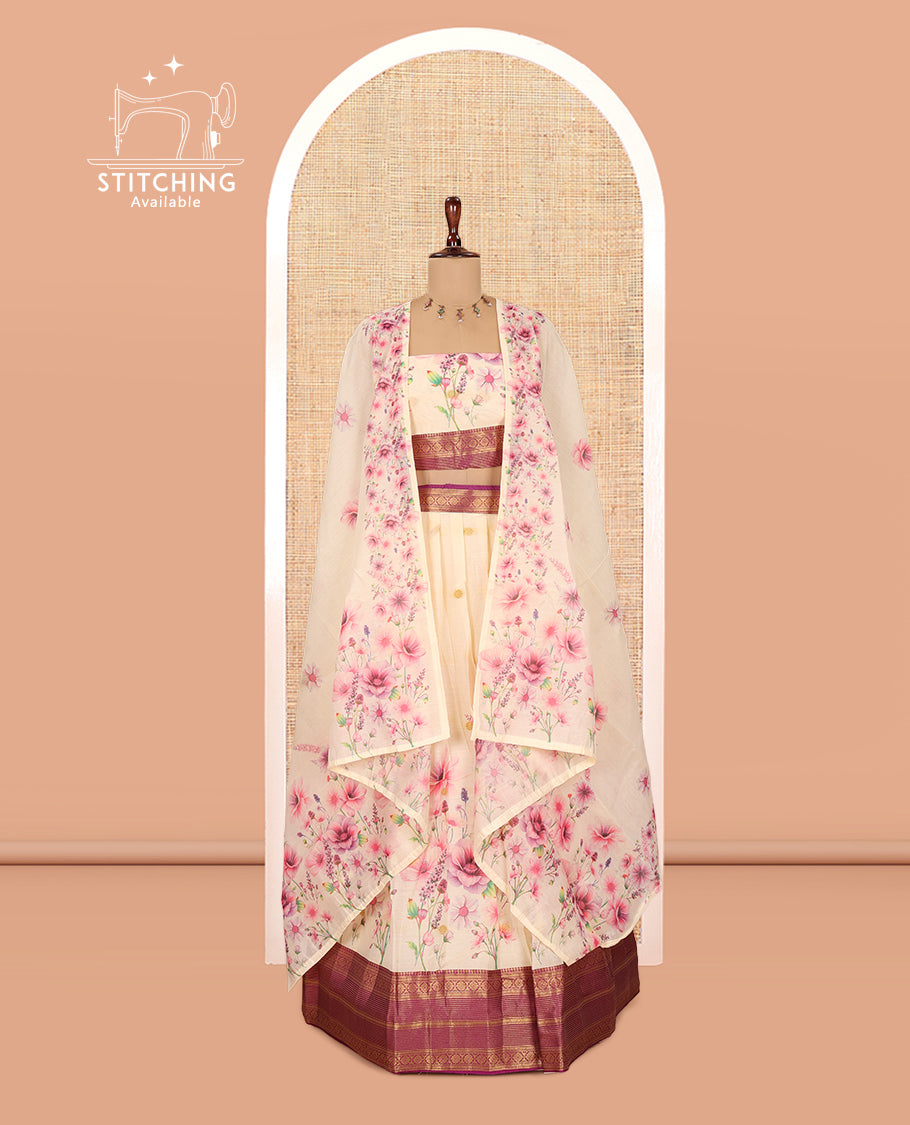 Cream-Magenta Semi-Silk Half-Saree Features a Floral-Printed Skirt, a Contrast Traditional Border, a Matching Blouse, a Floral Dhavani