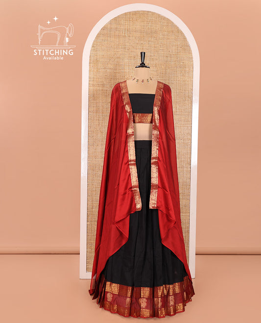 Black Chettinad Cotton Half-Saree Featuring Plain Skirt, Complemented by Contrast Traditional Border of Peacock and Rudraksha Designs, Paired with a Matching Blouse, and a Satin Georgette Zari Bordered Dhavani