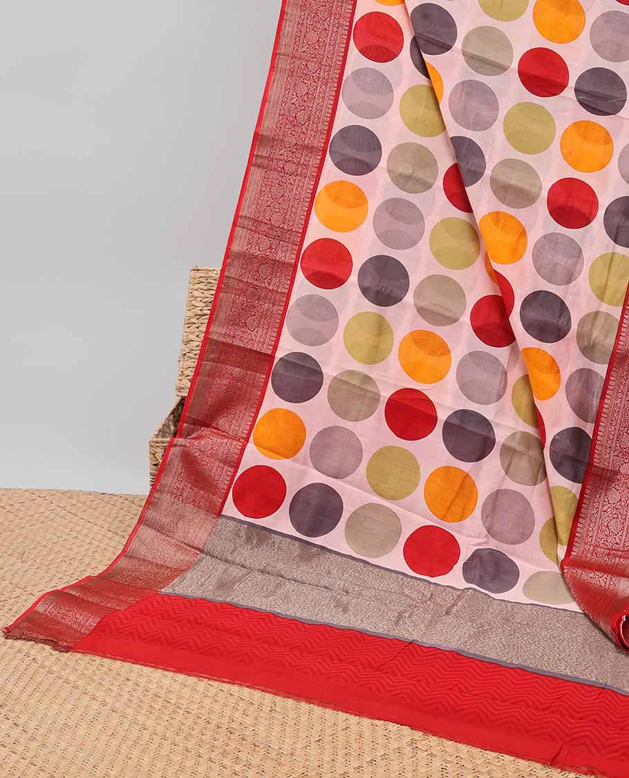 Cream geometric design chanderi cotton saree with contrast zari design border & intricate zari design pallu