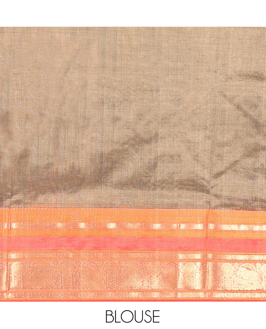 Brown Kuppadam Silk Saree, Finely Crafted with Butta Enclosed Checks, a Contrast Traditional Peacock-Elephant Border, Pallu of Peacock Designs, and a Matching Blouse