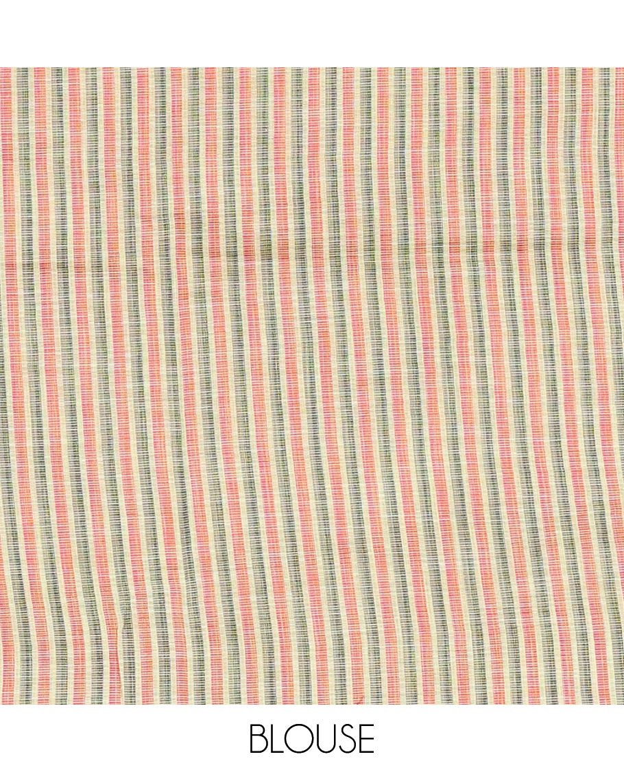 Parrot green vertical stripes & geometric buttas Jute linen saree, Sliver zari border, geometric patterned pallu & vertical striped blouse
