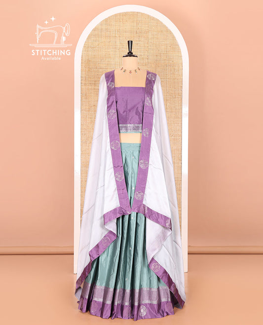 Steel grey and lavender half-saree with buttas with contrast traditional bordered taffeta silk skirt, a matching blouse, and a contrast bordered syska georgette dhavani