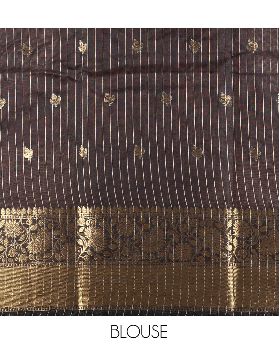 Rust-Black Semi-Katan Silk Saree Features Half-And-Half Style and Zari Buttas, Traditional Border, and Matching Blouse