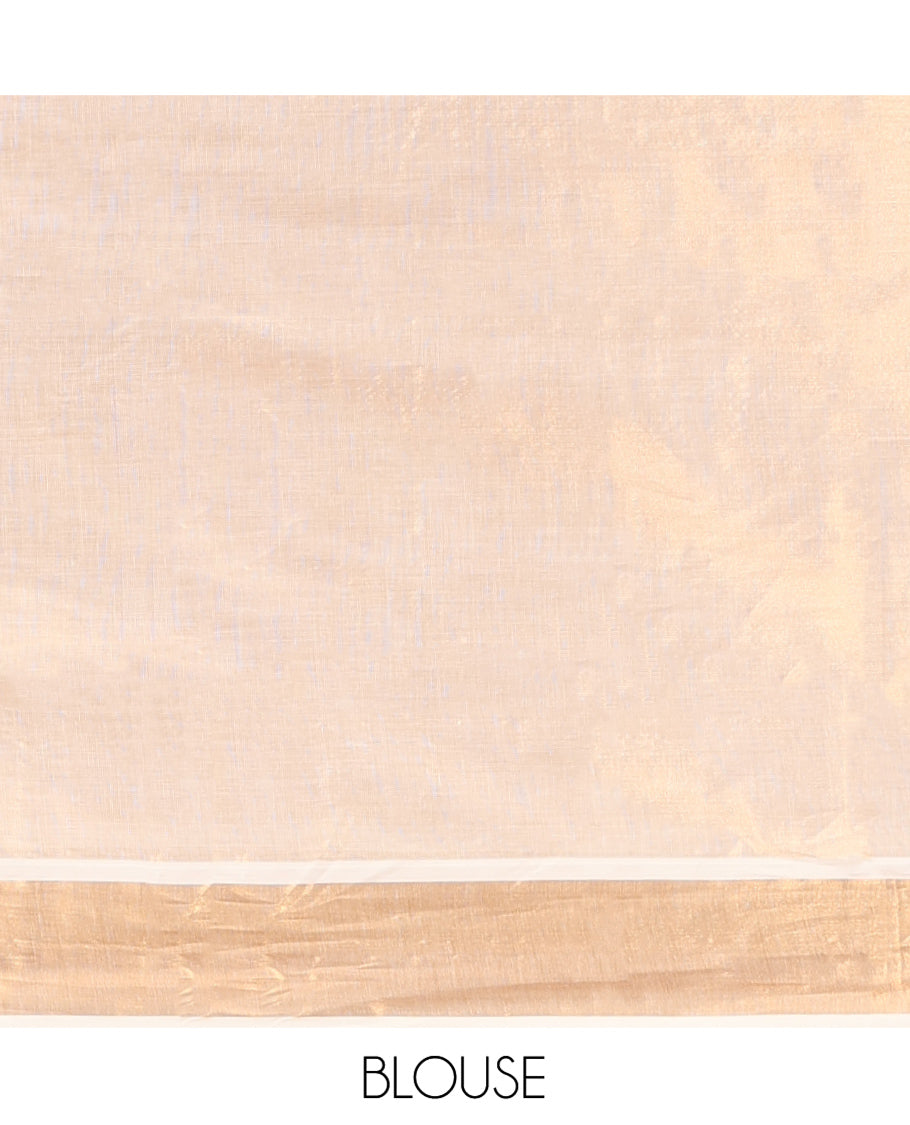 Cream Kerala Cotton Saree, Accentuated with Thread and Zari Buttas All Over Its Body, a Zari Bavanji Border, Pallu of Elephant Designs, and Paired with a Matching Blouse