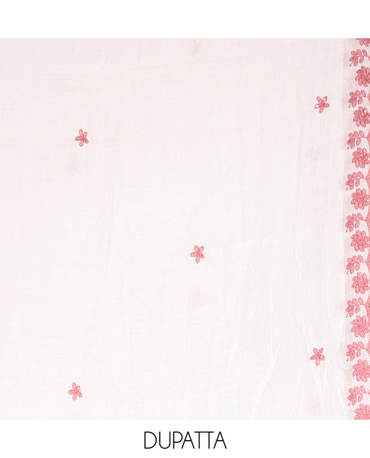 White-Onion Pink Mul Chanderi Material Churidar Features a Floral-Themed Thread-Embroidered Top, a Plain Santoon Bottom, and Thread Embroidered Dupatta