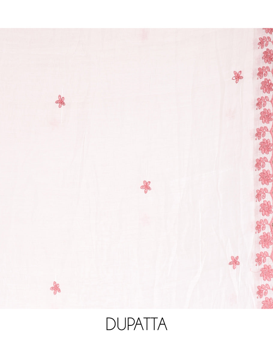 White-Onion Pink Mul Chanderi Material Churidar Features a Floral-Themed Thread-Embroidered Top, a Plain Santoon Bottom, and Thread Embroidered Dupatta