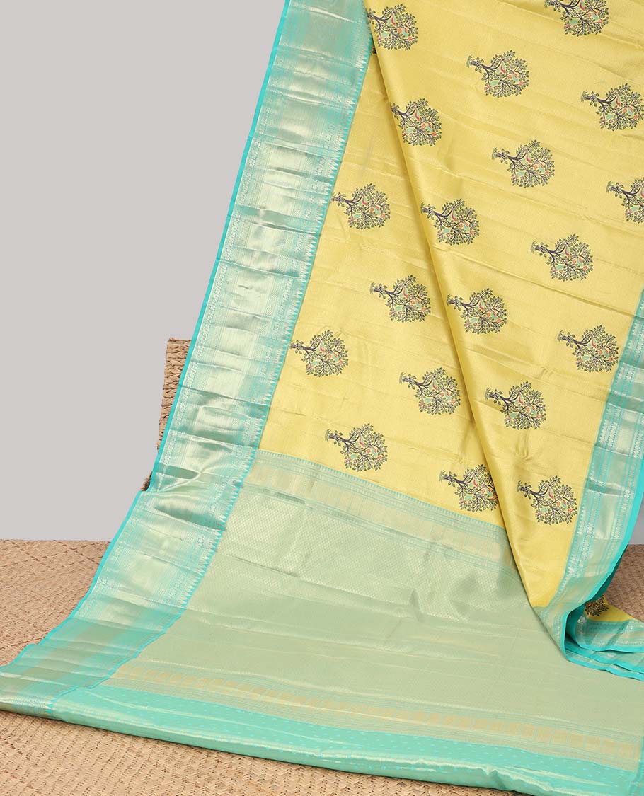 Yellow tree buttas budget silk saree with contrast intricate zari design border & floral zari design pallu