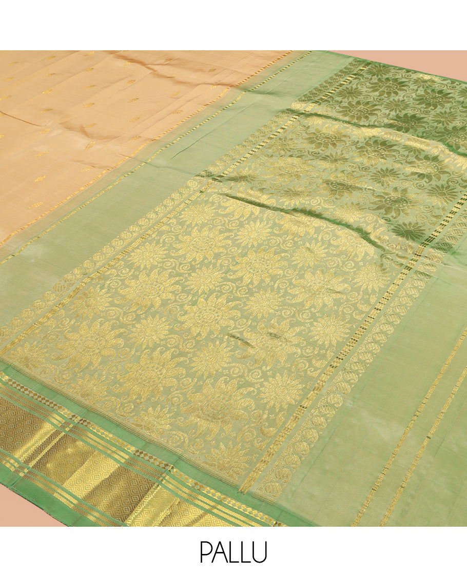 Sandal Kanchipuram Silk Saree, Subtly Woven with Zari Buttas, a Contrast One-Sided Border of Paneer Sombu, Banaras and Jaal Design, Zari Design Pallu, and No Blouse