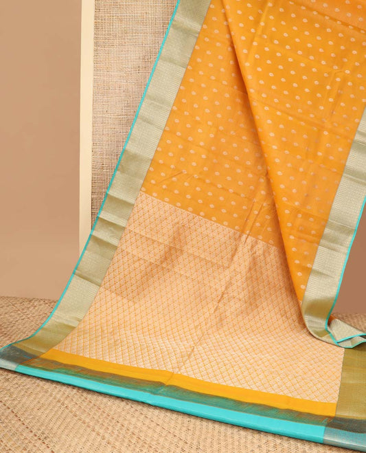 Yellow leaf buttas vasundhara elite silk saree with contrast intricate zari design & argyle design pallu