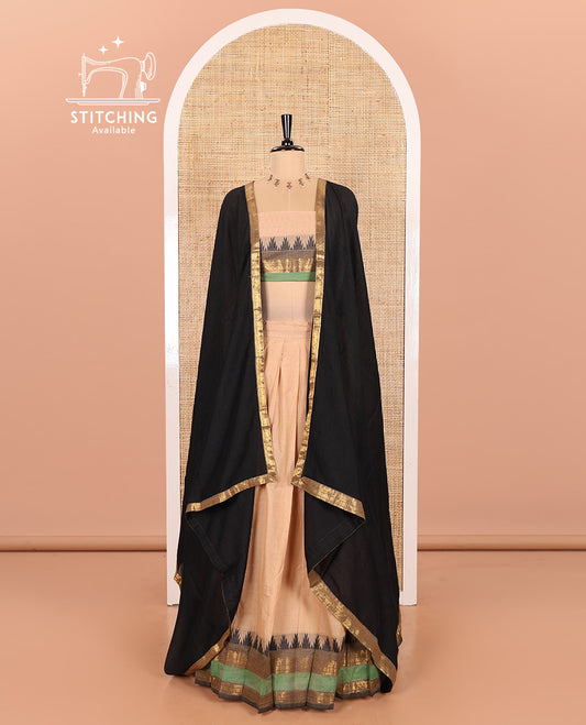 Ivory-Black Chettinad Cotton Half-Saree Featuring a Plain Skirt, Highlighted with a Contrast Traditional Zari Rettai Pettu Temple Border, a Subtly Woven Matching Blouse, and a Vichitra Silk Contrast Traditional Zari-Bordered Dhavani